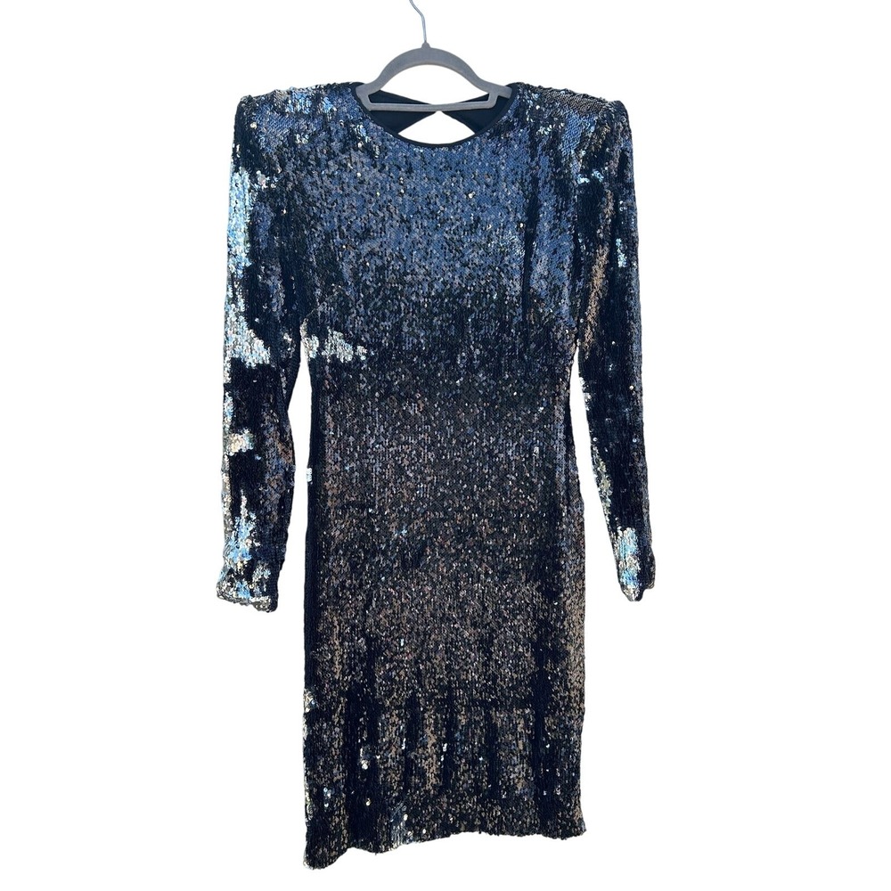 Naeem Khan Sequin Mini‎ Dress Black Silver Open Back Long Sleeve Cocktail sz 4